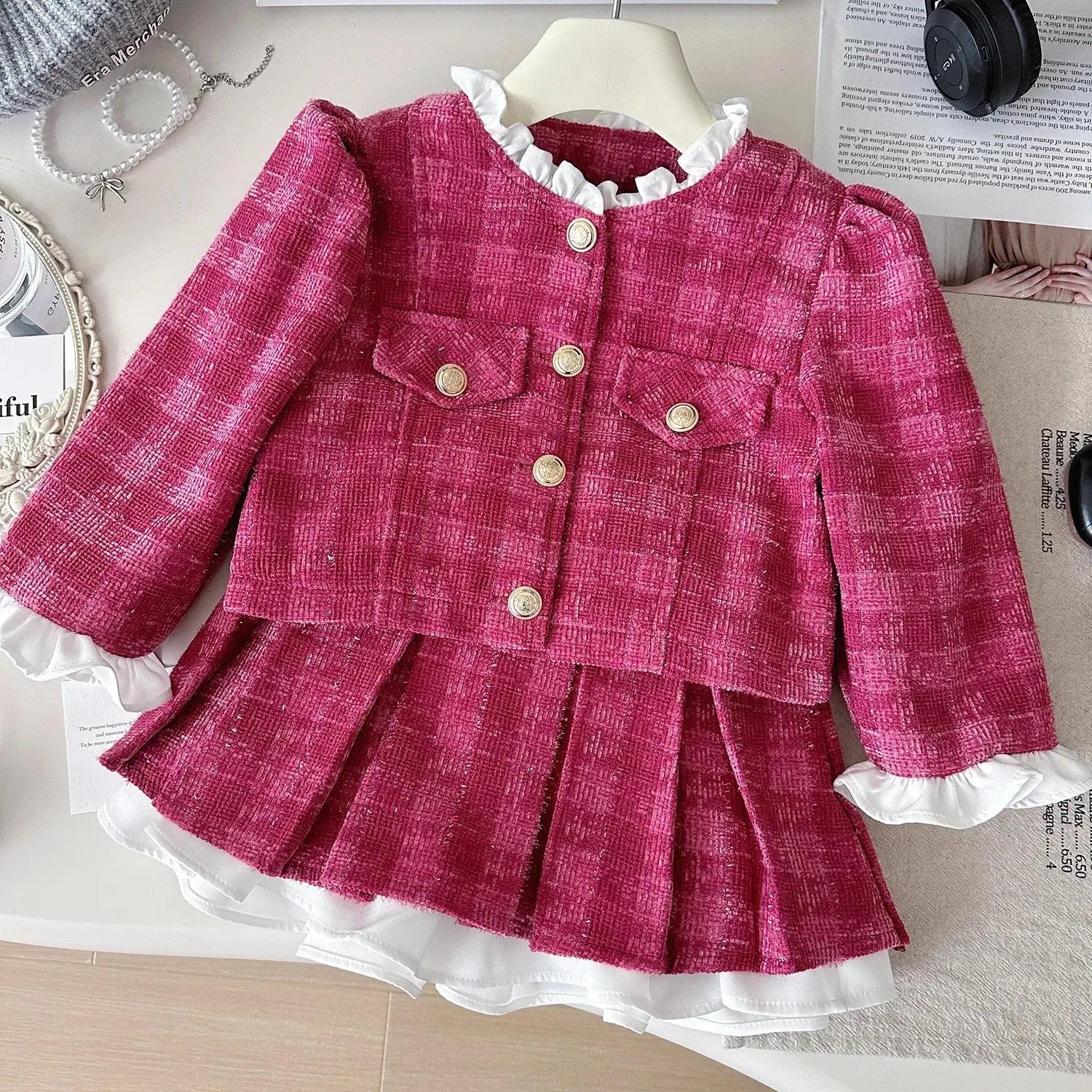 Girls Pink Plaid Tweed Jacket and Skirt Set