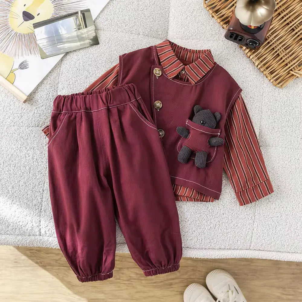 Boys Maroon Striped Shirt With Teddy Attached Coat And Trouser 3 Pcs Set