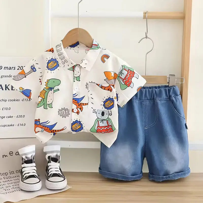 Boys White Printed Shirt & Denim Shorts
