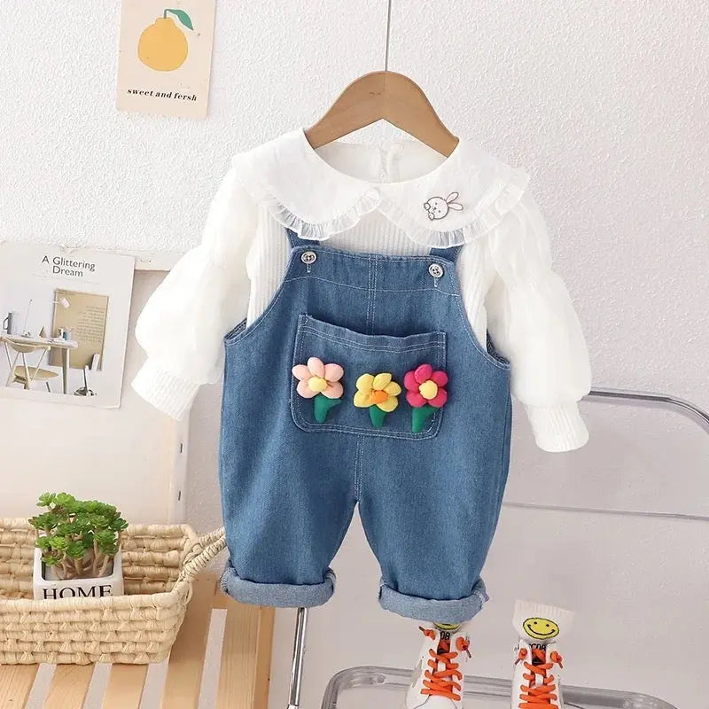 Girls Top with 3D Flower Denim Dungaree