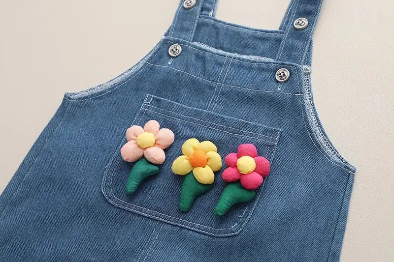 Girls Top with 3D Flower Denim Dungaree
