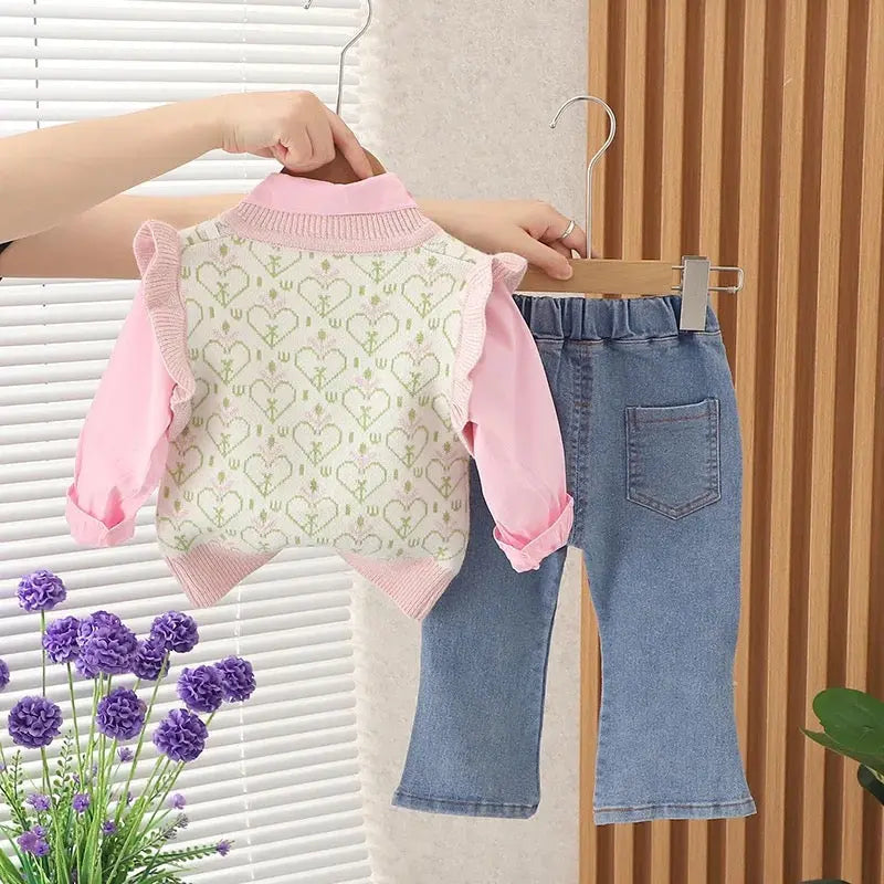 Girls Pink Shirt Sweater with Rabbit Motif And Jeans 3pcs Set