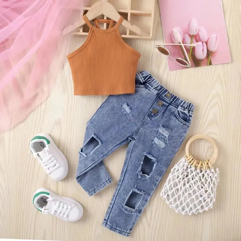 Girls Brown Halter Crop Top And Rugged Jeans 2 Pcs Set