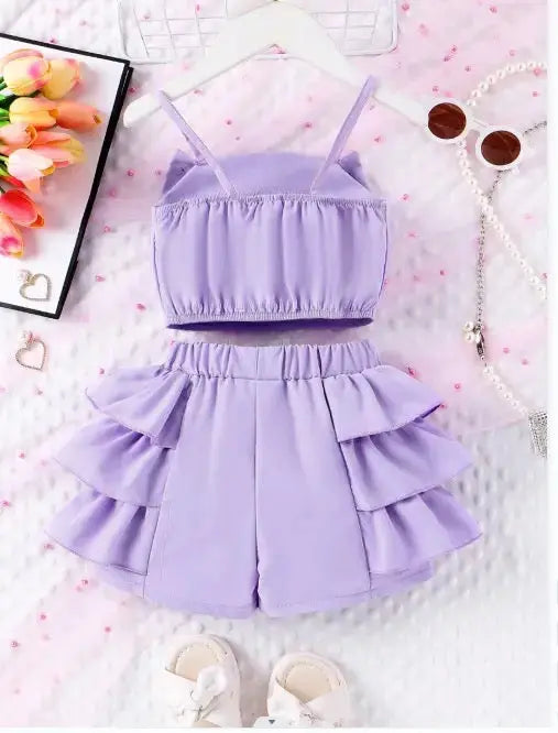 Girls Purple Solid Bow Top And Ruffled Shorts