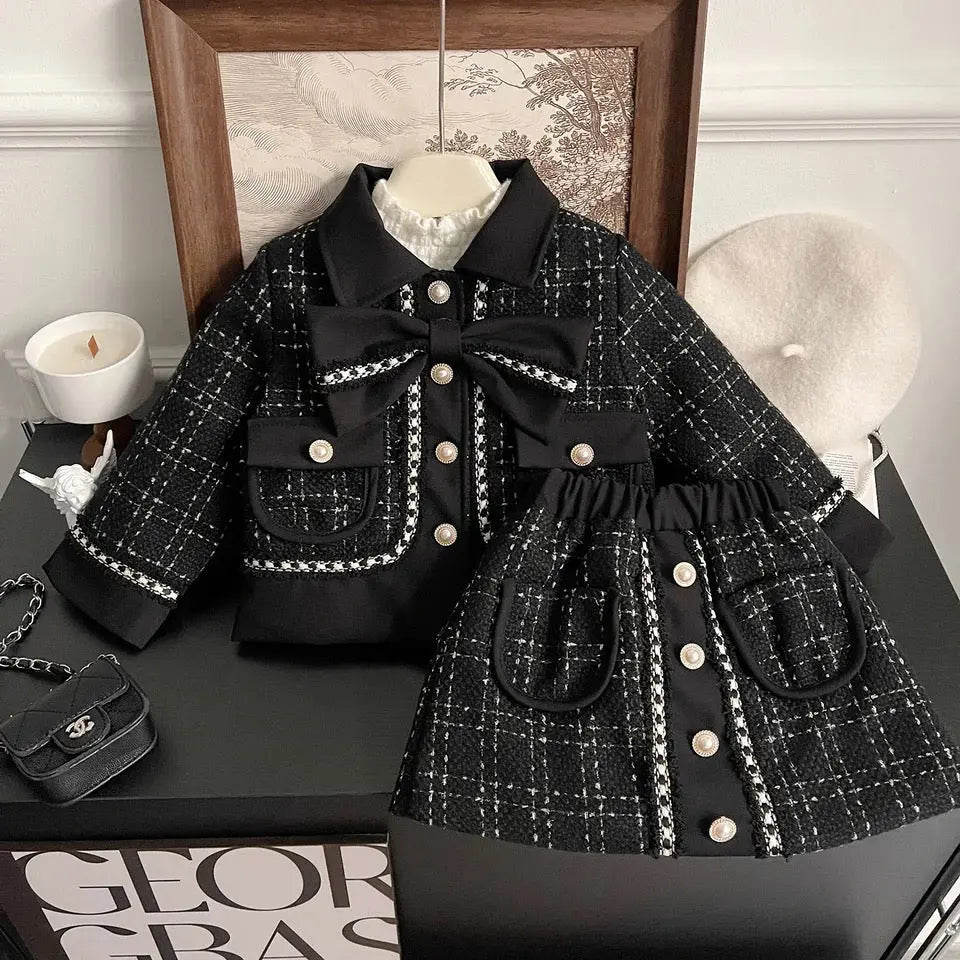 Girls Black Tweed Blazer And Skirt 2 Pcs Set