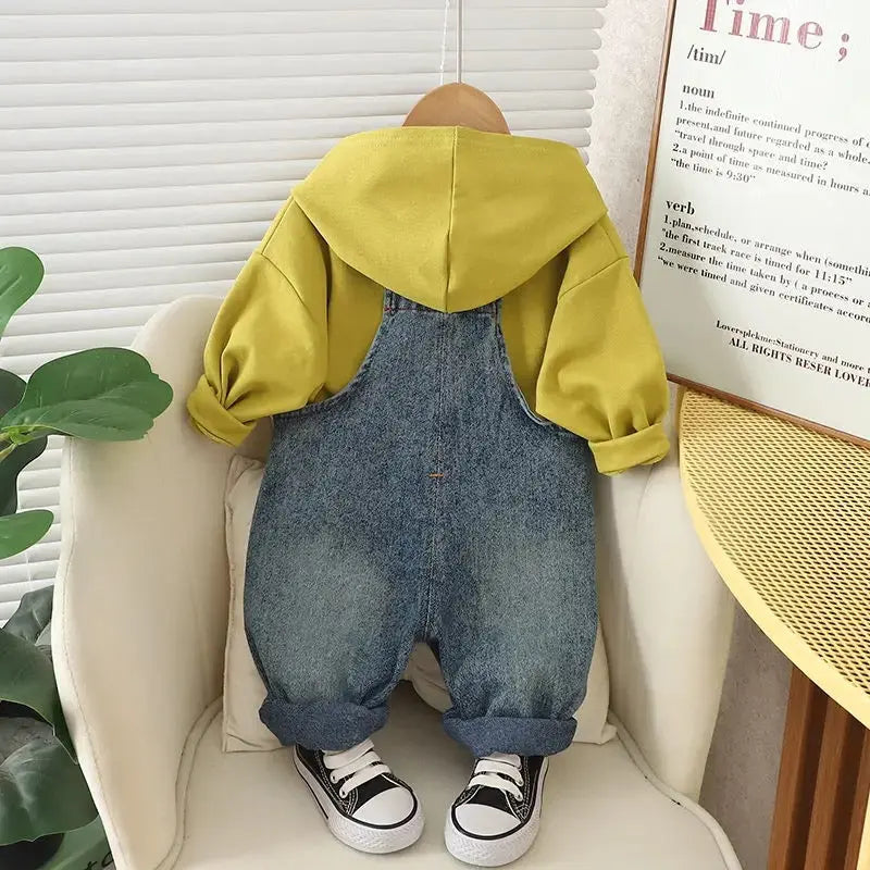 Kids Green Hoodie With Denim Dungaree 2 Pcs Set