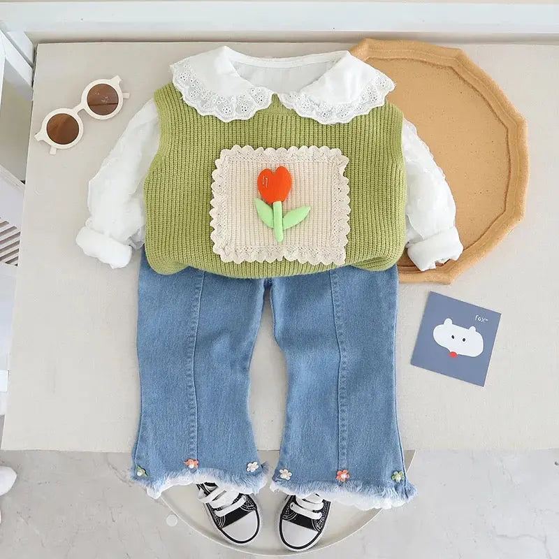 Girls Green Knitted Sweater With Top And Jeans 3 Pcs Set