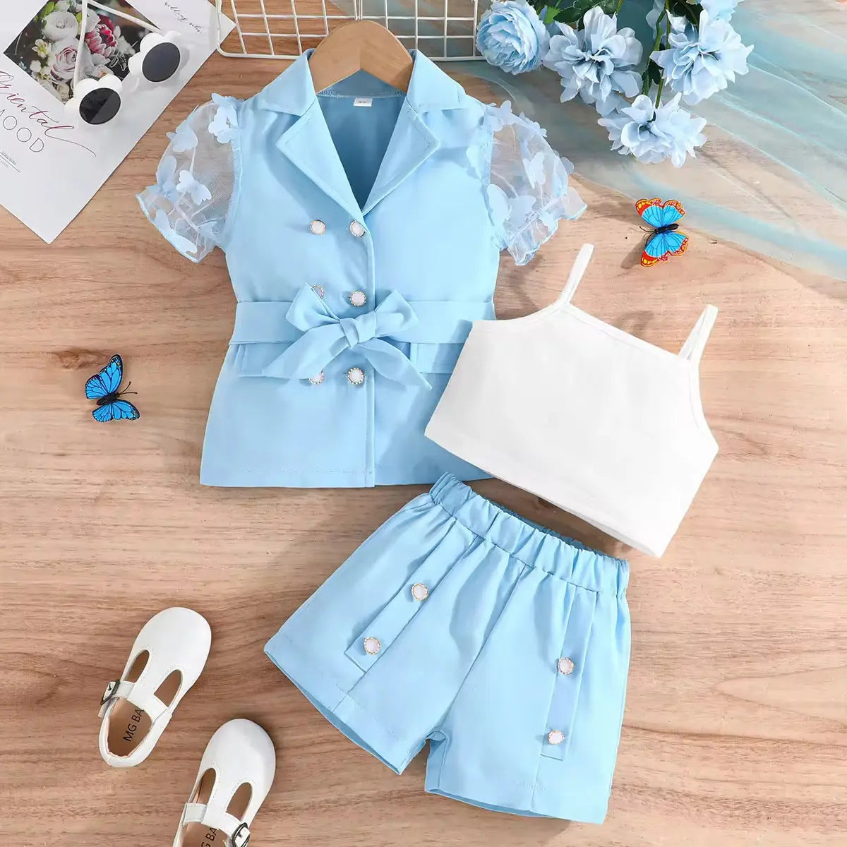 Girls Blue 3-Piece Set with Bow Blazer, White Crop Top & Shorts