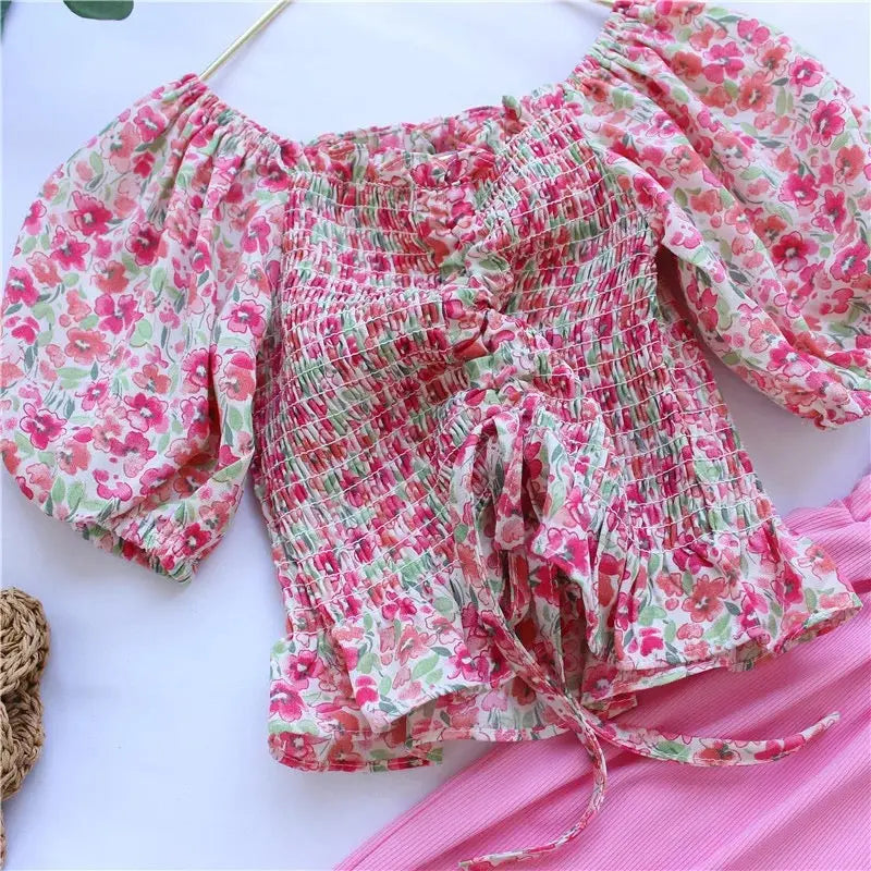 Girls Pink Floral Printed 2 Pcs Set