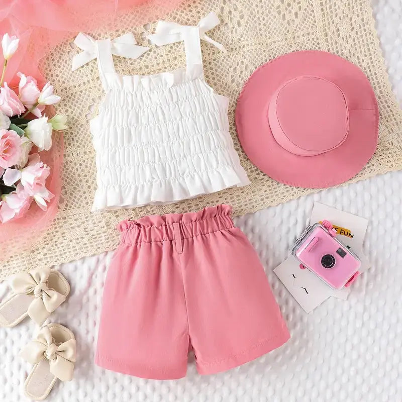 Girls White Top And Pink Shorts With Hat 3 pcs Set