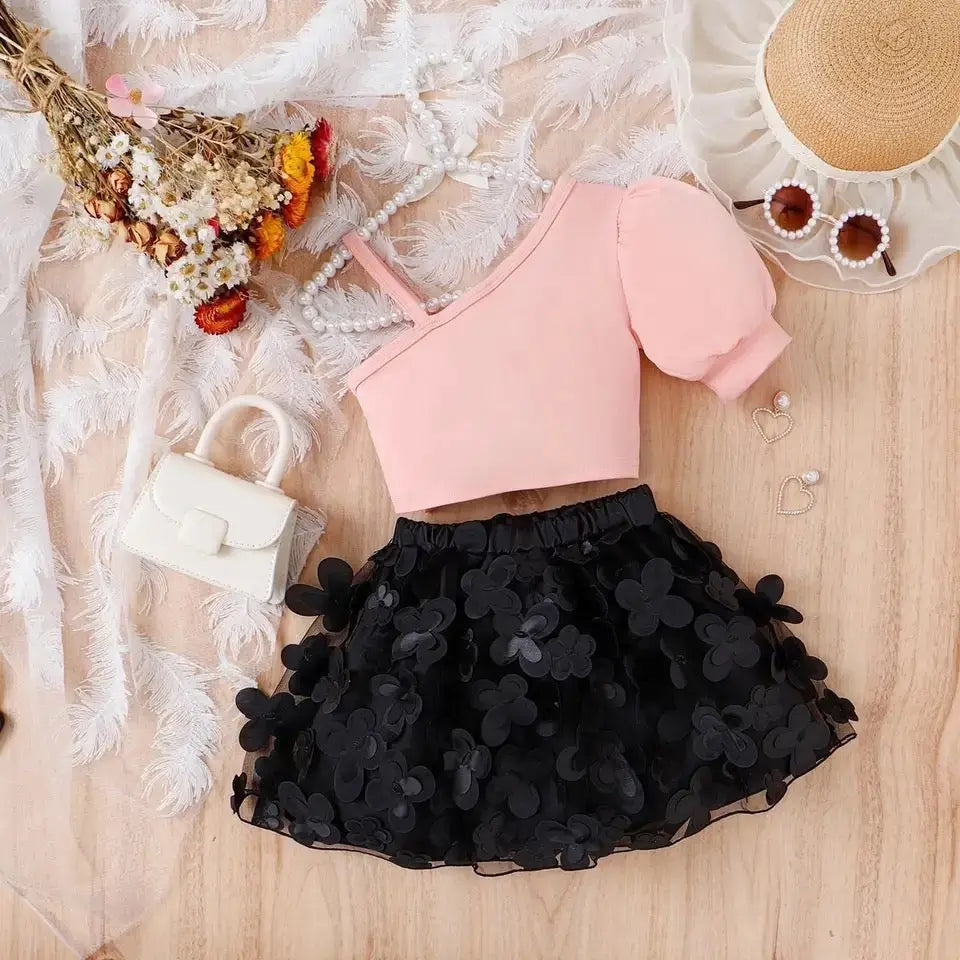 Girls Stylish Bow Top With 3D Floral Skirt 2pcs Set