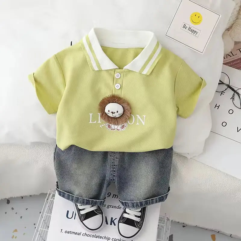 Boys Green Lion Motif Polo-Tee With Shorts