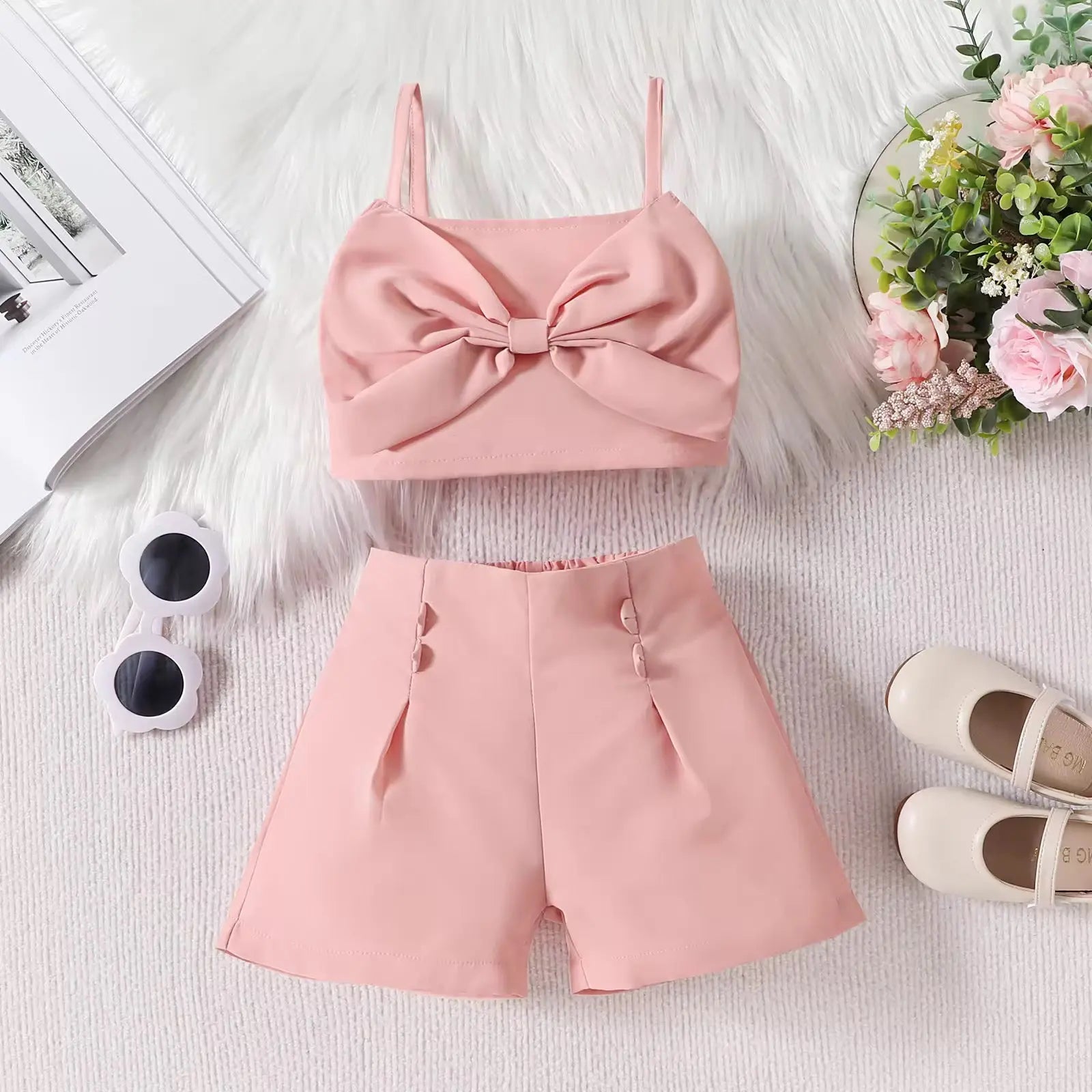 Girls Camisole Bow Top And Shorts 2 Pcs Set