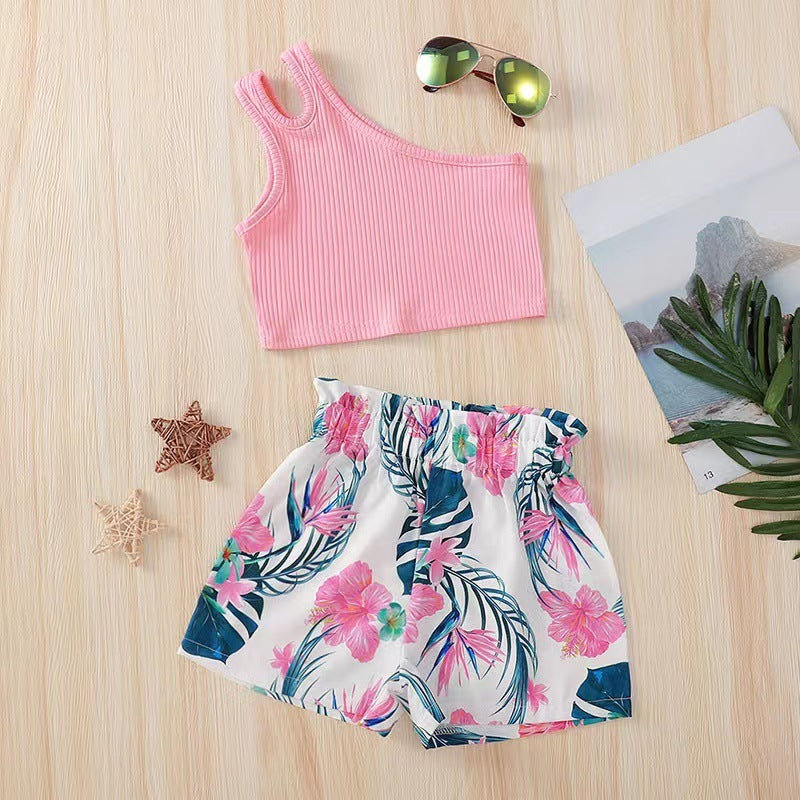 Pink One Shoulder Top and Shorts Girls Set
