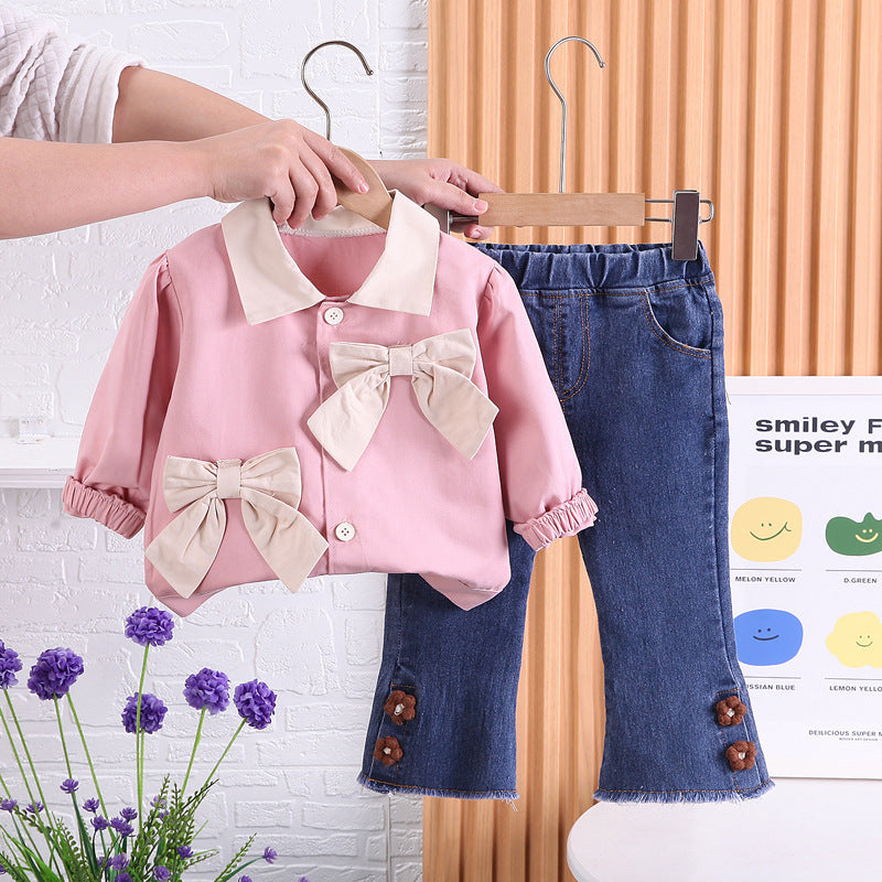 Stylish Bow Top and Flare Jeans Girls Set