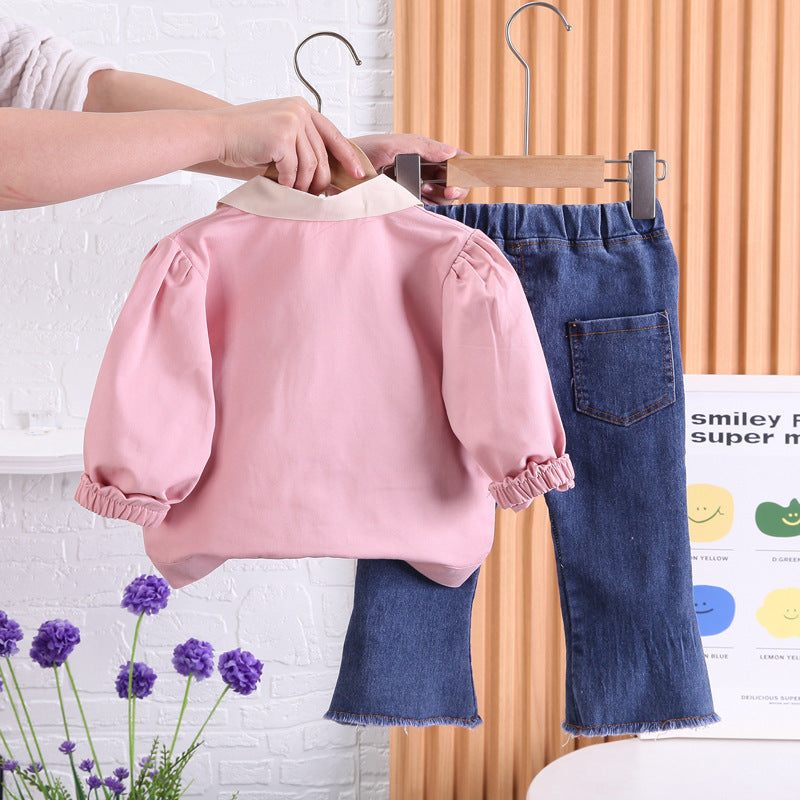 Stylish Bow Top and Flare Jeans Girls Set