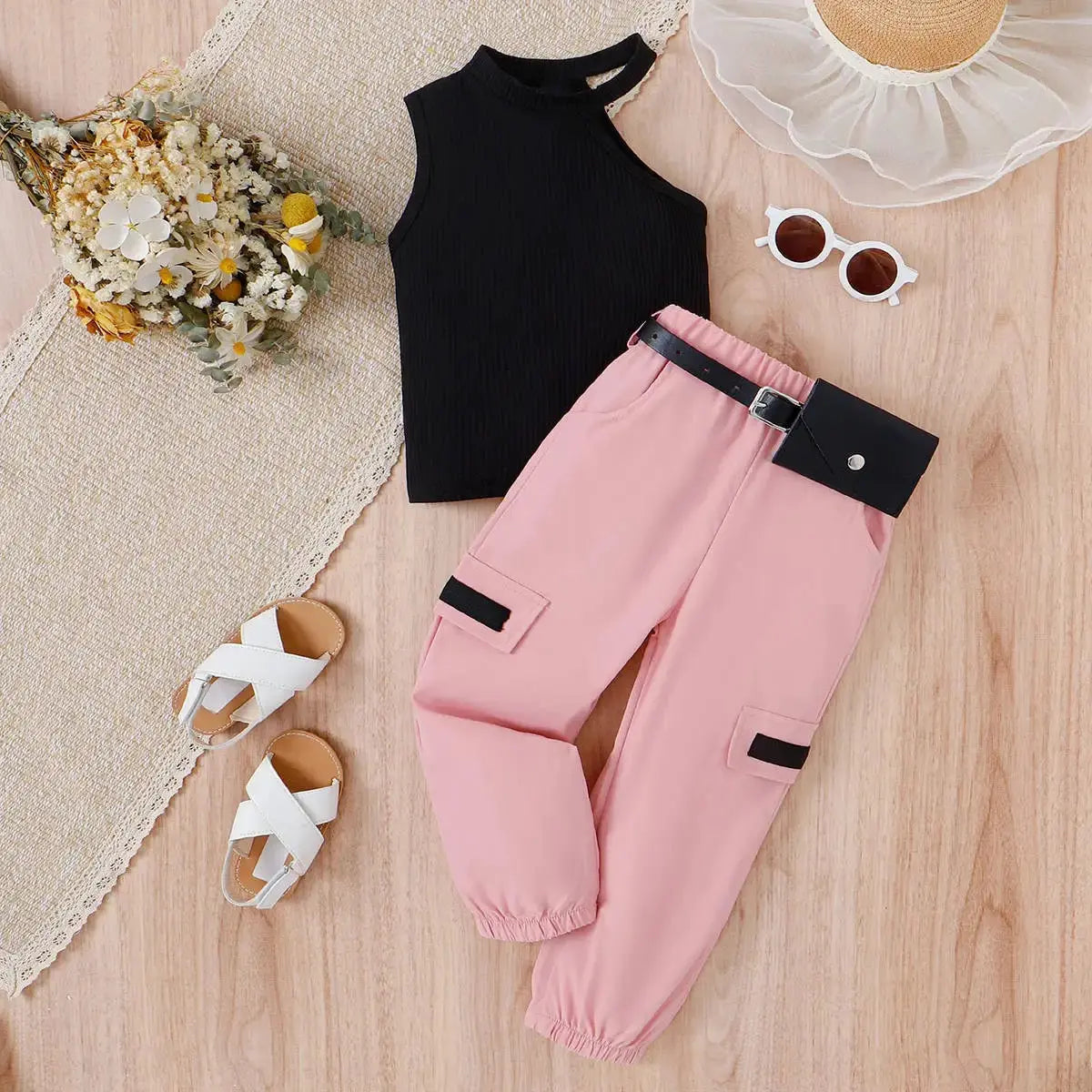 Girls Stylish One Shoulder Top And Pant With Waist Bag