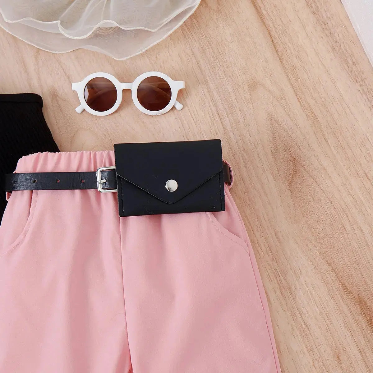 Girls Stylish One Shoulder Top And Pant With Waist Bag