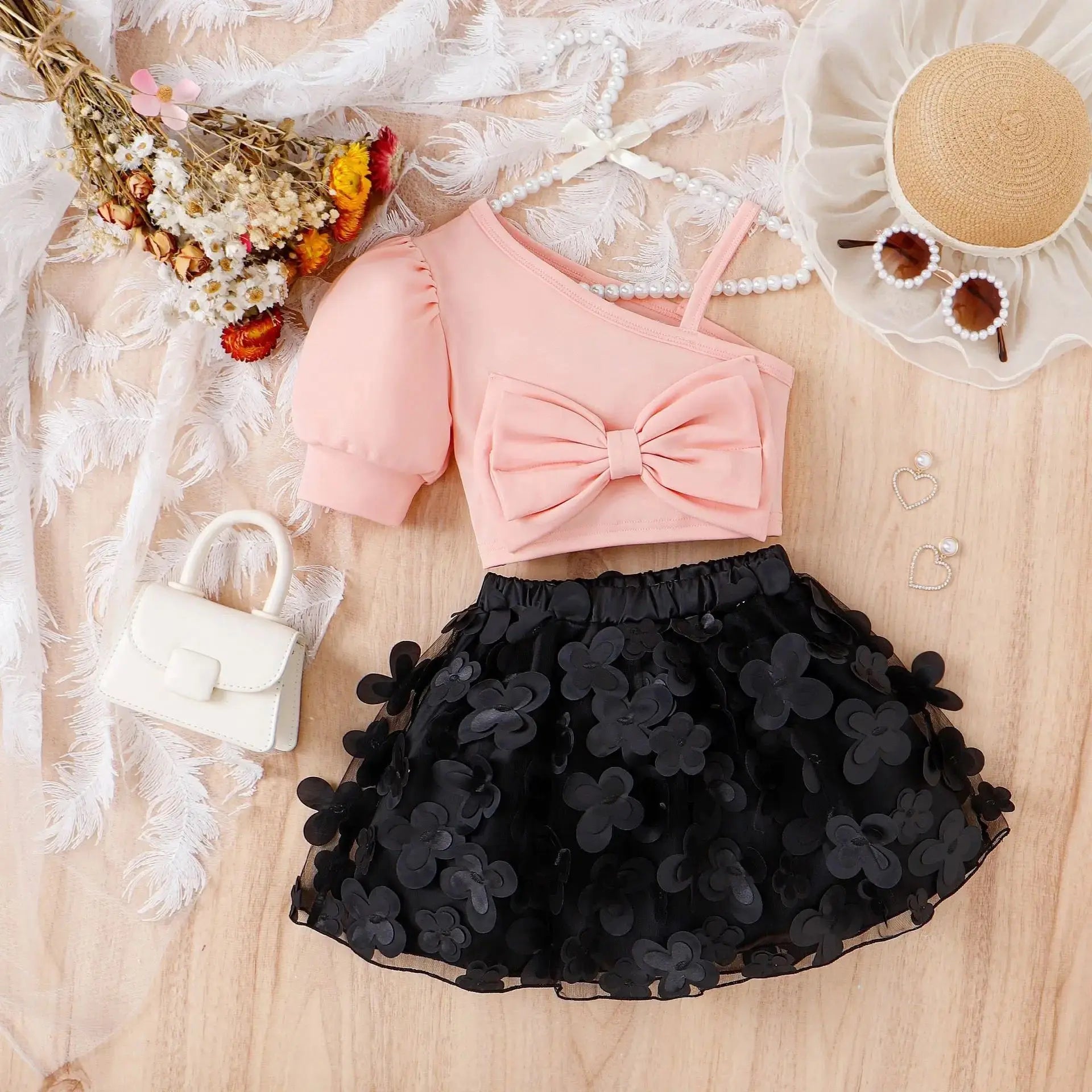 Girls Stylish Bow Top With 3D Floral Skirt 2pcs Set